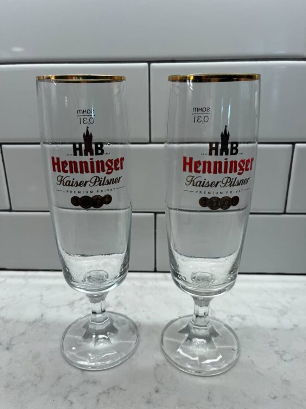 (2) Henninger Kaiser Pilsner Glasses With Gold Rim